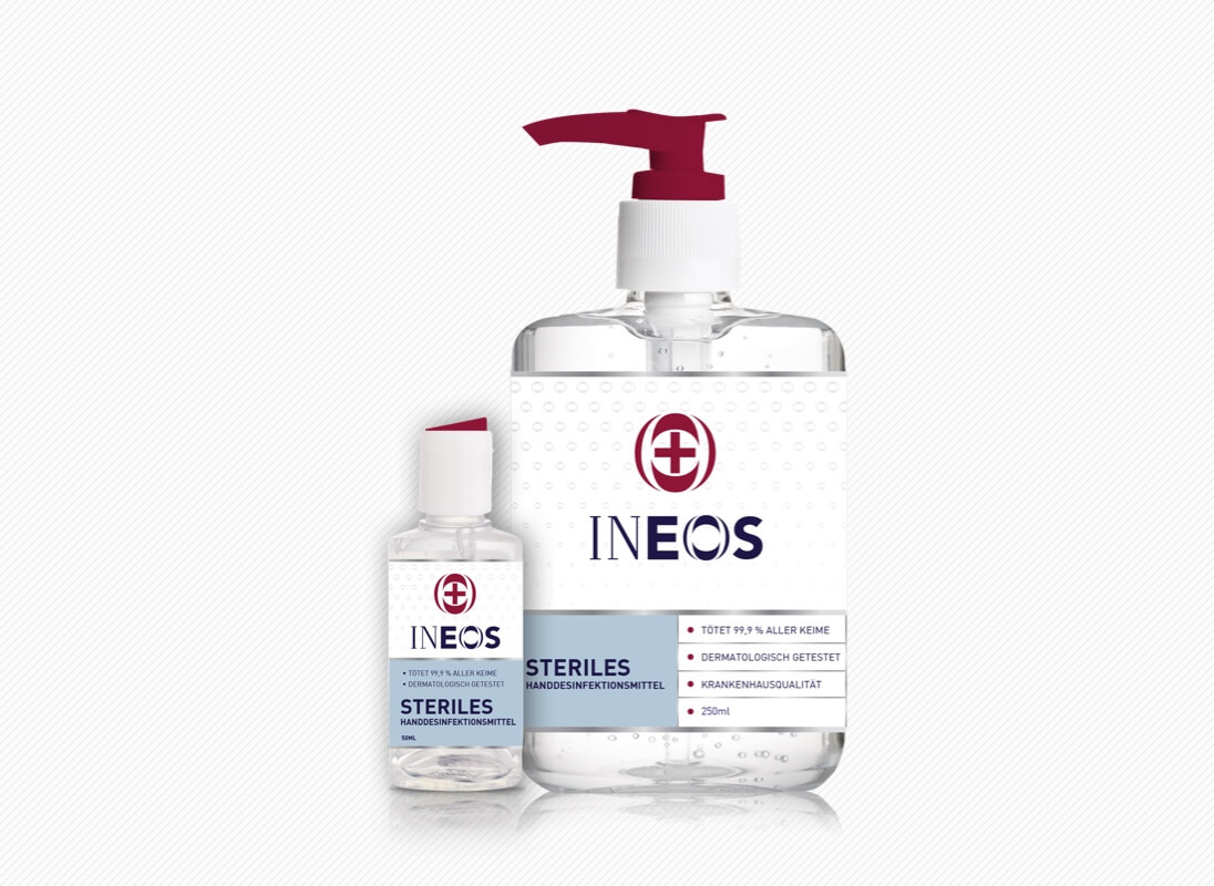 INEOS Hand Sanitizer gel bottles