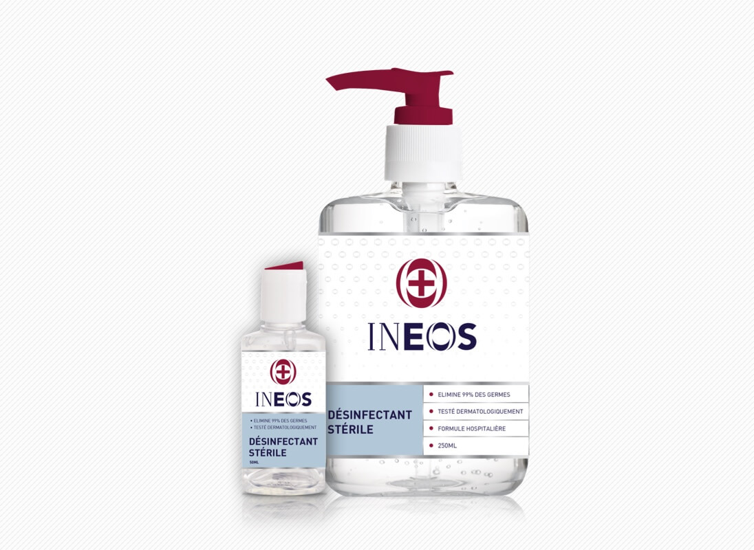 INEOS Hand Sanitizer gel bottles