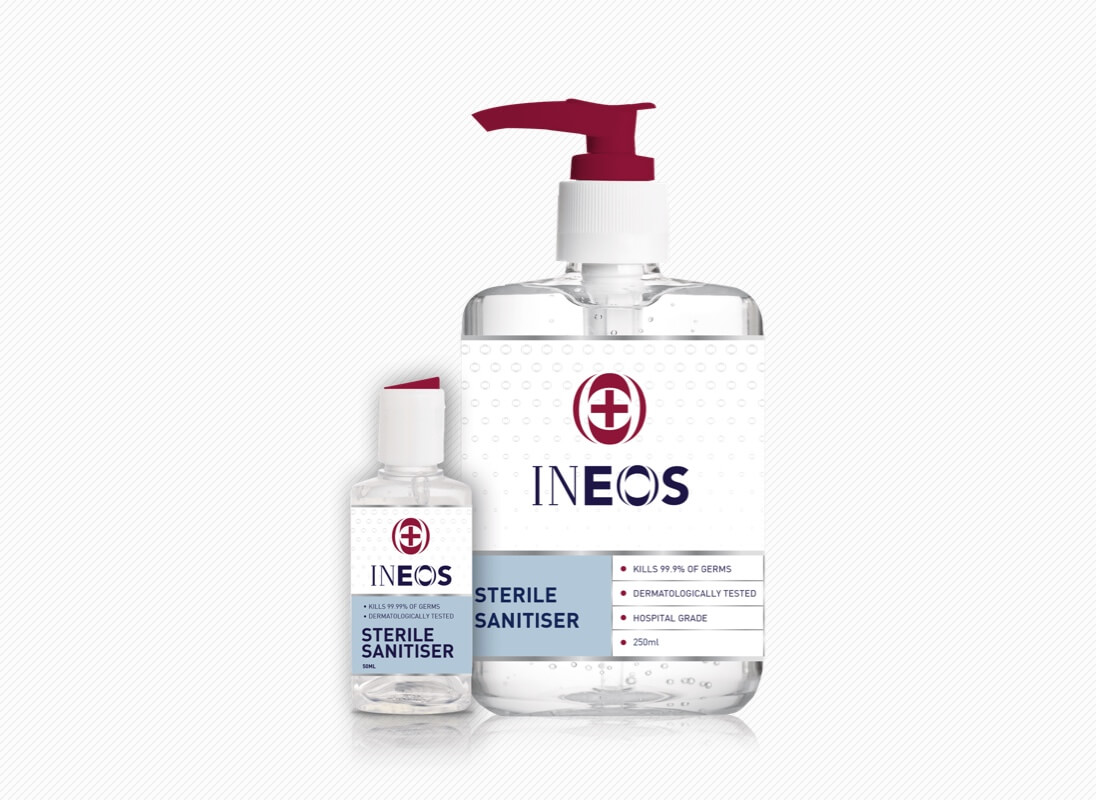 INEOS Hand Sanitizer gel bottles